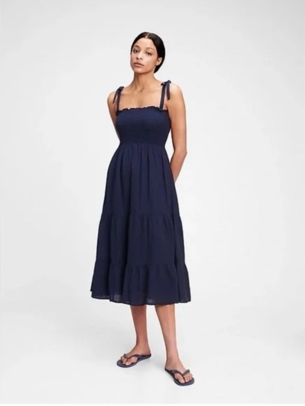 GAP Navy Smocked Tie-Shoulder Midi Dress